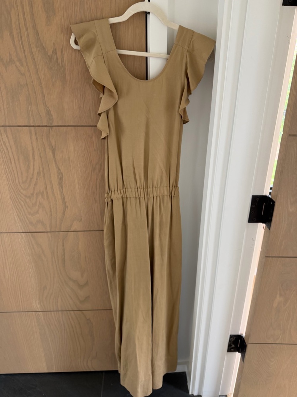 Ulla Johnson Camel Ruffle-Sleeve Wide-Leg Jumpsuit